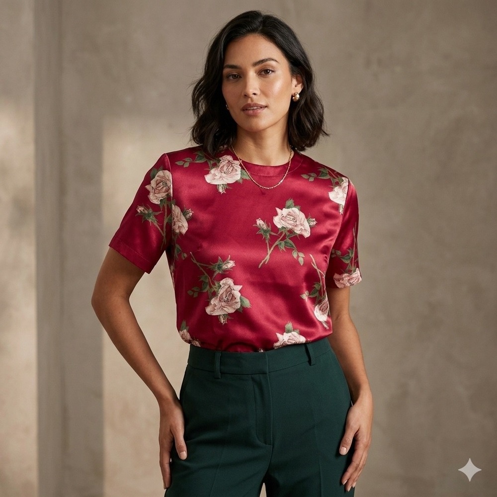 Christie & Jill Blouse Womens 12 Red Rose Floral Satin Button Back 90s Romantic